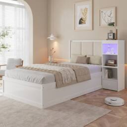 Merax 3FT Single Side Lift Ottoman Bed with LED Storage Cabinet, Wooden Bed in White - thumbnail 3
