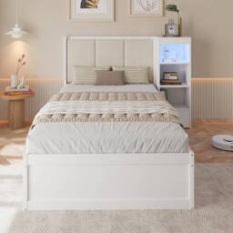 Merax 3FT Single Side Lift Ottoman Bed with LED Storage Cabinet, Wooden Bed in White - thumbnail 1