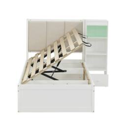 Merax 3FT Single Side Lift Ottoman Bed with LED Storage Cabinet, Wooden Bed in White - thumbnail 8