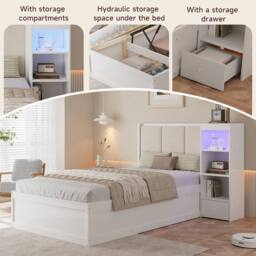 Merax 3FT Single Side Lift Ottoman Bed with LED Storage Cabinet, Wooden Bed in White - thumbnail 6