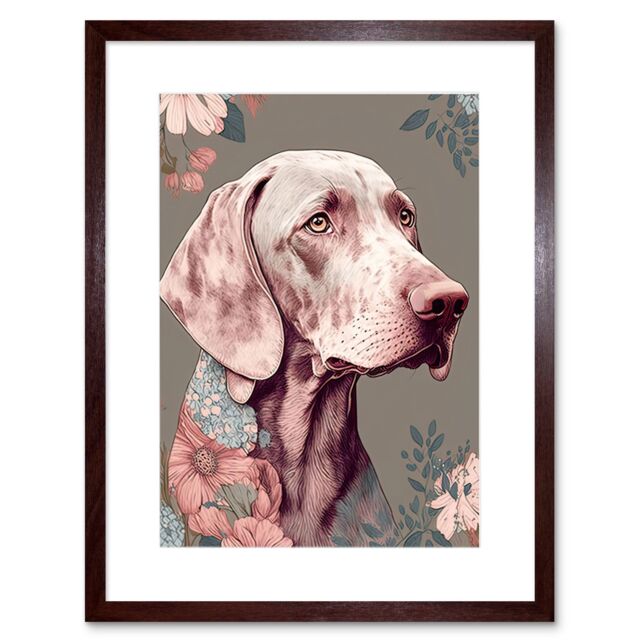 "Artery8 Wall Art Print Weimaraner Dog Portrait with Flower Patterns Modern Detailed Artwork Framed 9X7 Inch in Brown - Size: W7"" x H9""" - image 1