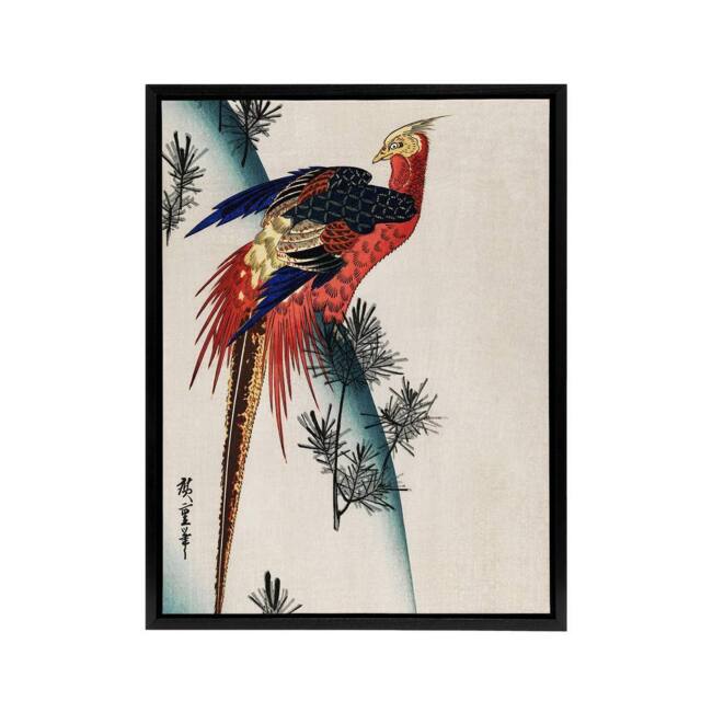 "Artery8 Pheasant & Small Pine Framed Canvas Wall Art Print Utagawa Hiroshige in Red - Size: W12"" x H16""" - image 1