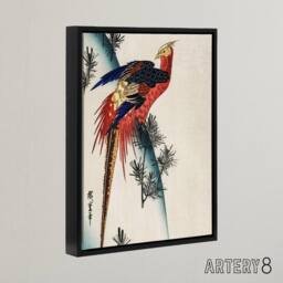"Artery8 Pheasant & Small Pine Framed Canvas Wall Art Print Utagawa Hiroshige in Red - Size: W12"" x H16""" - thumbnail 2