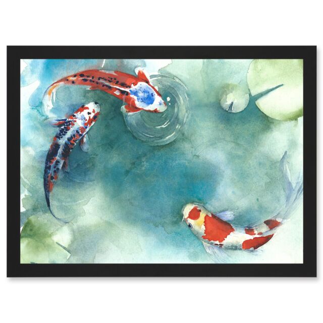 Artery8 Japan Koi Carp Fish With Lilies A4 Artwork Framed Wall Art Print in Black - image 1