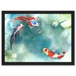 Artery8 Japan Koi Carp Fish With Lilies A4 Artwork Framed Wall Art Print in Black - thumbnail 1