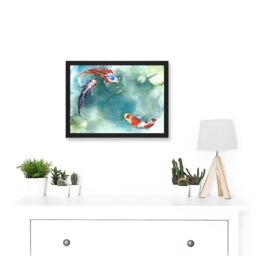 Artery8 Japan Koi Carp Fish With Lilies A4 Artwork Framed Wall Art Print in Black - thumbnail 2