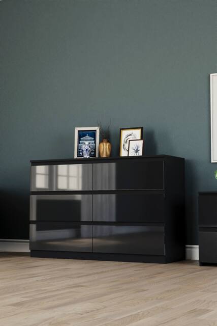 HD Designs 'HIGH GLOSS 6 Drawer Chest of Drawers' Furniture in Black - image 1