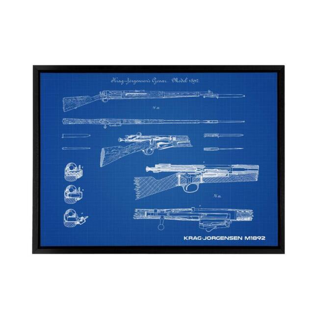 "Artery8 Krag Jorgensen M1892 Bolt Action Rifle Plan Framed Canvas Wall Art Print in Blue - Size: W12"" x H16""" - image 1