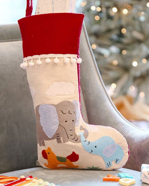 Dibor Set of 4 Natural Elephant Pom Pom Xmas Gift Christmas Stocking in Red - Size: 4 Pack - image 1