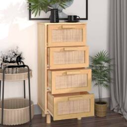 Berkfield Home Sideboard Brown 40x30x90 cm Solid Wood Pine & Natural Rattan in Light Tan - Size: 40 x 30 x 90 cm