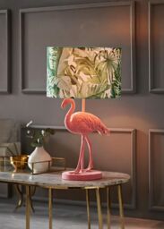 ValueLights Flo Pink Velvet Flamingo Bird Table Lamp With Tropical Palm Leaf Shade
