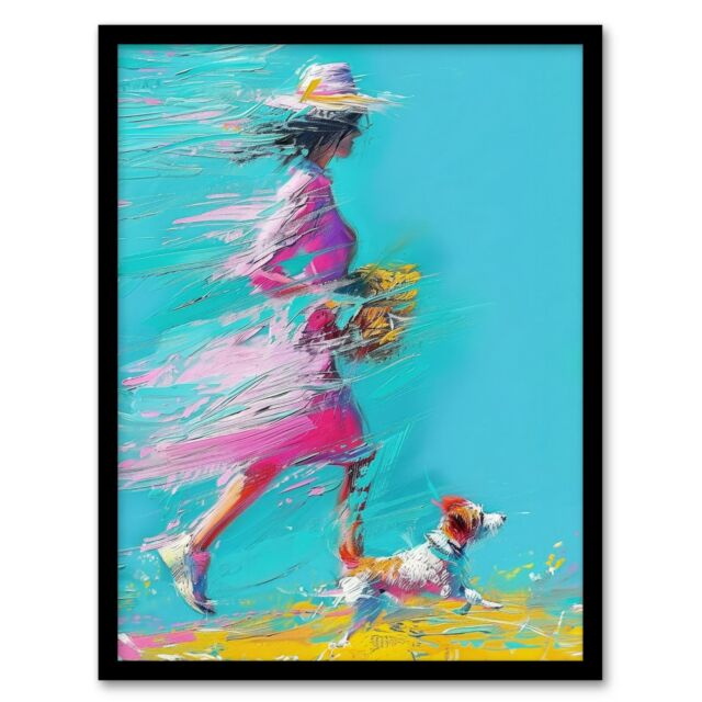 "Artery8 Wall Art Print Woman & Pet Windy Walk Dog Lover Abstract Art Framed Poster in Black - Size: W12"" x H16""" - image 1