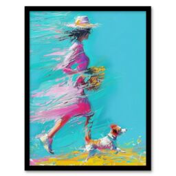 "Artery8 Wall Art Print Woman & Pet Windy Walk Dog Lover Abstract Art Framed Poster in Black - Size: W12"" x H16""" - thumbnail 1