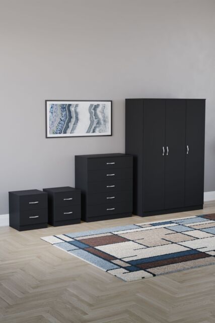Home Discount Vida Designs 4Pc Bedroom Set 2xBedside Chest, 5 Drawer Chest, Wardrobe in Black - image 1
