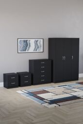 Home Discount Vida Designs 4Pc Bedroom Set 2xBedside Chest, 5 Drawer Chest, Wardrobe in Black - thumbnail 1