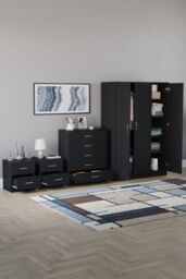 Home Discount Vida Designs 4Pc Bedroom Set 2xBedside Chest, 5 Drawer Chest, Wardrobe in Black - thumbnail 2