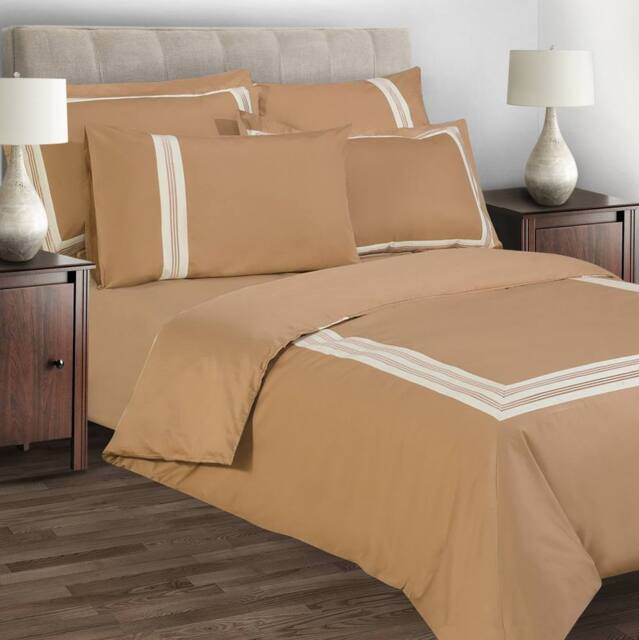 Sweet Dreams Elegant Embroidered Egyptian Cotton Duvet Cover in Tan - Size: Double