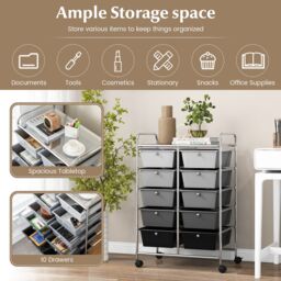Costway 10 Drawers Storage Trolley Mobile Rolling Utility Cart Home Office Organizer in Black - thumbnail 4