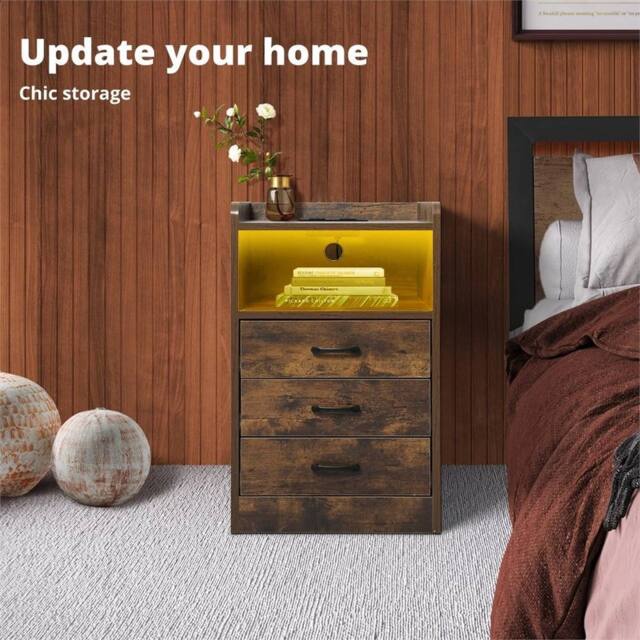 Havendro Table Nightstand USB Charger Outlet LED 3 Drawers in Brown - Size: 0.6m2 - image 1