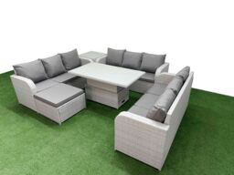 Fimous PE Rattan Lounge Sofa Set 10 Seater Outdoor Garden Furniture Set w/ Adjustable Lifting Dining or Coffee Table 3 Seater Sofa Big Footstool Side - thumbnail 2