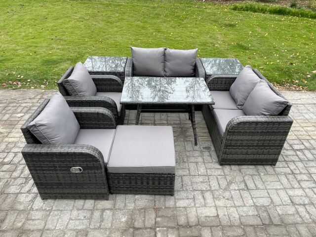 Fimous Wicker PE Rattan Garden Dining Set Outdoor Furniture Sofa with Rectangular Dining Table 2 Side Tables Big Footstool in Dark Grey - image 1