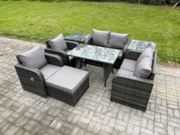 Fimous Wicker PE Rattan Garden Dining Set Outdoor Furniture Sofa with Rectangular Dining Table 2 Side Tables Big Footstool in Dark Grey - thumbnail 2