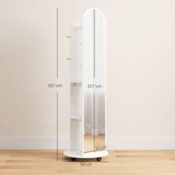 HOMCOM 2-in-1 Full Length Mirror with Shelves, 4 Wheels in White - thumbnail 3