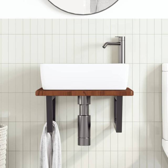 Berkfield Home Elegant Basin Shelf Wall Mounted Steel & Solid Wood Oak in Brown - image 1