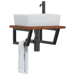 Berkfield Home Elegant Basin Shelf Wall Mounted Steel & Solid Wood Oak in Brown - thumbnail 2