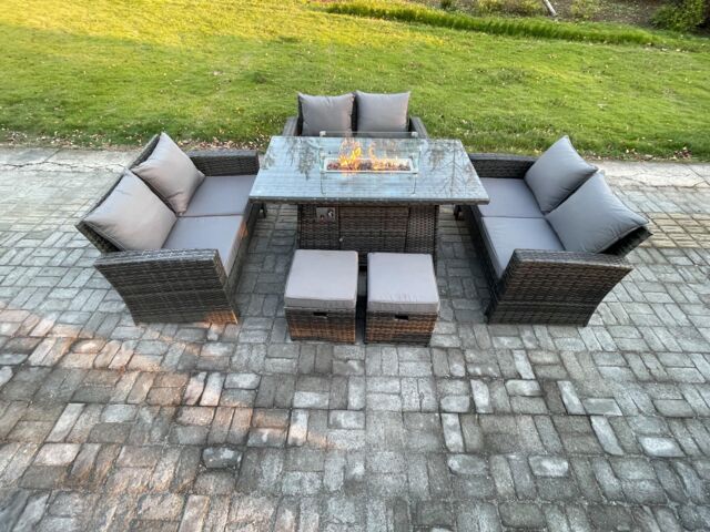 Fimous High Back Rattan Garden Furniture Sofa Sets with Outdoor Furniture Gas Firepit Dining Table Set 2 Small Footstools in Dark Grey - image 1