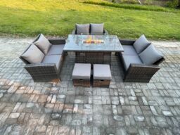 Fimous High Back Rattan Garden Furniture Sofa Sets with Outdoor Furniture Gas Firepit Dining Table Set 2 Small Footstools in Dark Grey - thumbnail 1