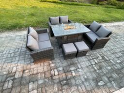 Fimous High Back Rattan Garden Furniture Sofa Sets with Outdoor Furniture Gas Firepit Dining Table Set 2 Small Footstools in Dark Grey - thumbnail 2