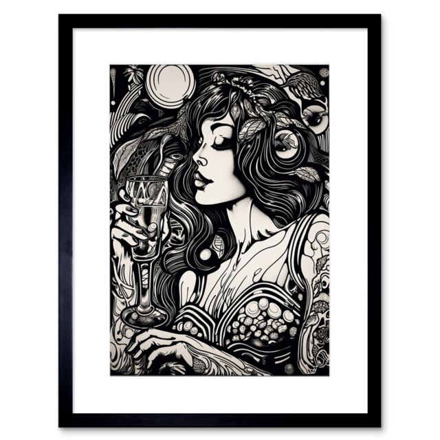 "Artery8 Wall Art Print Woman Drinking Wine Black & White Artwork Framed 9X7 Inch - Size: W7"" x H9""" - image 1