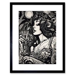 "Artery8 Wall Art Print Woman Drinking Wine Black & White Artwork Framed 9X7 Inch - Size: W7"" x H9""" - thumbnail 1
