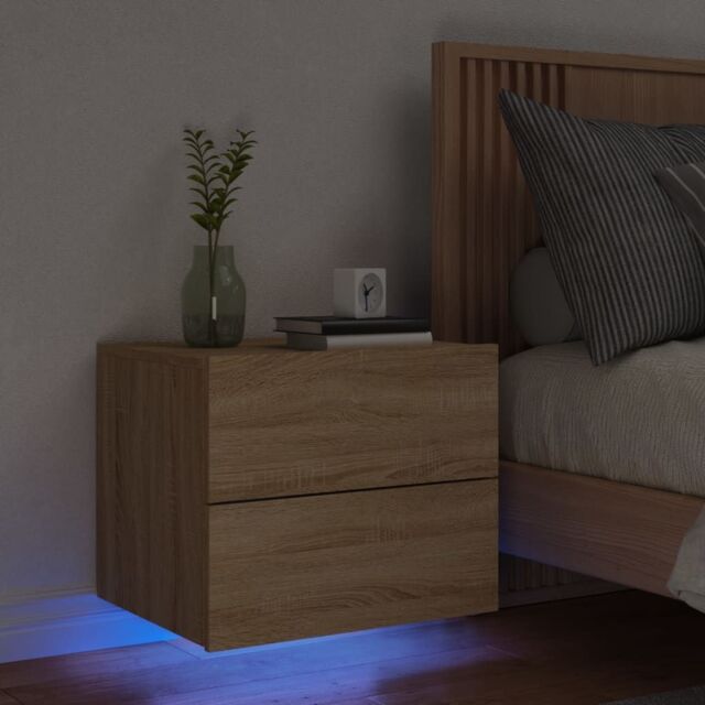 Berkfield Home Wall-mounted Bedside Cabinet with LED Lights Sonoma Oak in Brown - image 1