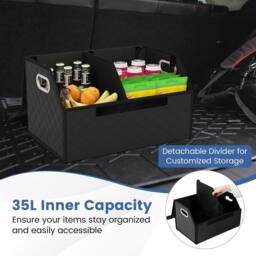 Gymax 35L Large Leather Car Trunk Organizer With Lid Collapsible Storage Box in True Black - thumbnail 5