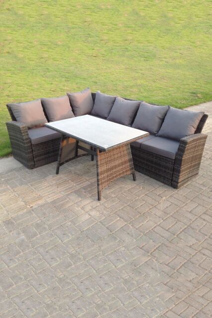 Fimous High Back Outdoor Rattan Corner Sofa Dining Set Table 6 Seater in Dark Grey - image 1