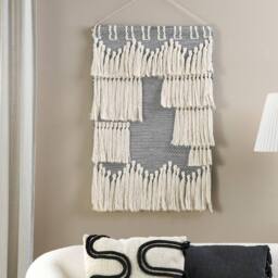 Wyld and Coco Handwoven Cotton Wall Hanging Grey Beige Tassels - Vertical Boho Decor - thumbnail 1