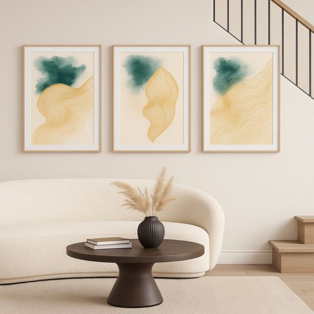 Mafett 3 Wall Art Set Abstract Gold Teal Minimalist Line Designs - Size: A2 - image 1