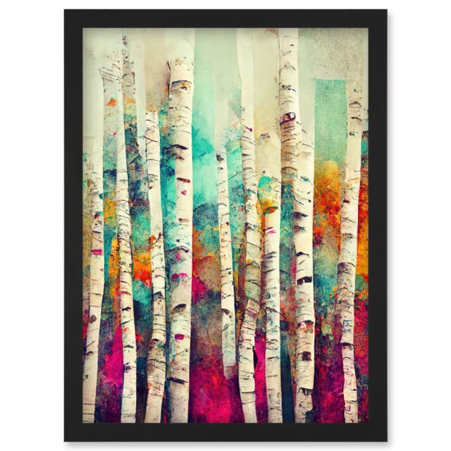 Artery8 Abstract Multi Coloured Birch Tree Forest Vibrant Colourful Oil Painting Artwork Framed Wall Art Print A4 in Black - image 1