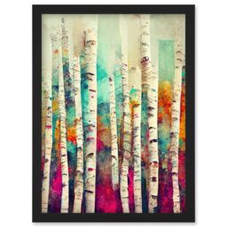 Artery8 Abstract Multi Coloured Birch Tree Forest Vibrant Colourful Oil Painting Artwork Framed Wall Art Print A4 in Black - thumbnail 1