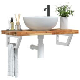 Berkfield Home Basin Shelf Wall Mounted Steel & Solid Wood Acacia in Brown - thumbnail 1