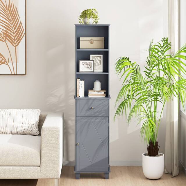 Costway 172cm Tall Bathroom Cabinet Narrow Floor Cabinet w/ 3 Shelves & Drawer in Grey - image 1