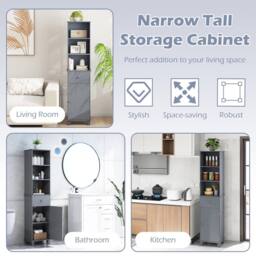 Costway 172cm Tall Bathroom Cabinet Narrow Floor Cabinet w/ 3 Shelves & Drawer in Grey - thumbnail 7