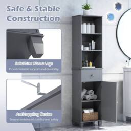 Costway 172cm Tall Bathroom Cabinet Narrow Floor Cabinet w/ 3 Shelves & Drawer in Grey - thumbnail 6