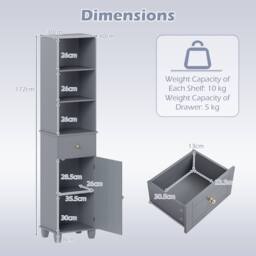 Costway 172cm Tall Bathroom Cabinet Narrow Floor Cabinet w/ 3 Shelves & Drawer in Grey - thumbnail 2