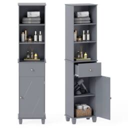 Costway 172cm Tall Bathroom Cabinet Narrow Floor Cabinet w/ 3 Shelves & Drawer in Grey - thumbnail 3