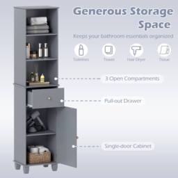 Costway 172cm Tall Bathroom Cabinet Narrow Floor Cabinet w/ 3 Shelves & Drawer in Grey - thumbnail 4