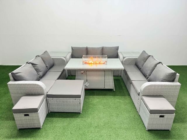 Fimous PE Rattan Lounge Sofa Set 12 Seater Outdoor Garden Furniture Set with Firepit Dining Table 3 Seater Sofa 3 Stools 2 Side Table Light Grey - image 1