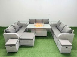 Fimous PE Rattan Lounge Sofa Set 12 Seater Outdoor Garden Furniture Set with Firepit Dining Table 3 Seater Sofa 3 Stools 2 Side Table Light Grey - thumbnail 2